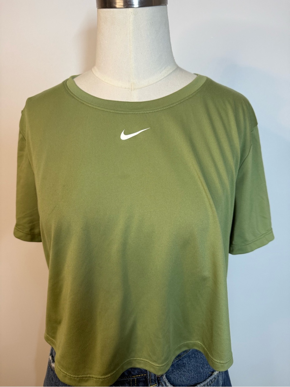 Nike Olive Green Cropped Performance Top with White Swoosh